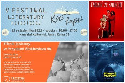na collage'u grafiki: festiwalu koci łapci, Umrzeć ze śmiechu z grupą kobiet na czerwonym tle, pikniku z dyniami w tle oraz biennale plakatu z fala na niebieskim tle