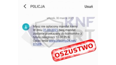 Zrzut ekranu z telefonu, widoczna treść sms od nadawcy P0LICJA. Na dole czerwony napis 