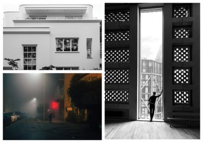 Fotografie nagrodzone w konkursie Gdyński Modernizm w Obiektywie 2019. Lewe u góry: I Nagroda: Tomasz Dudek; lewe na dole: II Nagroda: Krzysztof Winciorek; prawe: III Nagroda: Jacek Korzewski