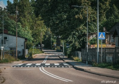 widok na jezdnię i wyniesione przejście dla pieszych. Widoczne oznakowanie oraz chodnik i zieleń
