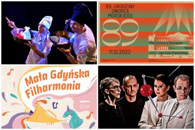na kolażu pomarańczowa grafika urodzin Dworca Morskiego, scena ze sztuki Rybak i Geniusz, naukowcy z molekułą i dziewczynka grająca na trąbce