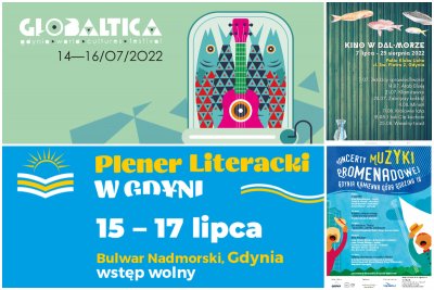collage z grafik, na pierwsze rybki w puszce, na drugiej plakat z rybkami, niebiesko-żółta grafika Pleneru Literackiego i kolorowy plakat koncertów na Kamiennej Górze