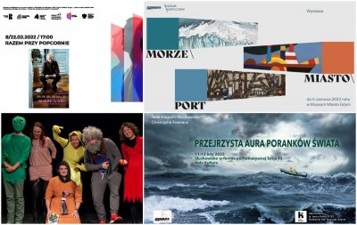Kolaż zdjęć, od lewego górnego zgodnie z zegarem: Razem przy popcornie - Broken Flowers w Bibliotece Gdynia; wystawa MORZE \ MIASTO \ PORT w Muzeum Miasta Gdyni; 