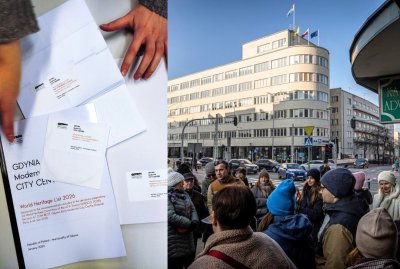 Po lewej dokumenty na stole, gdyński wniosek o wpis na listę UNESCO, po prawej grupa osób na tle budynków w Śródmieściu Gdyni z przewodnikiem