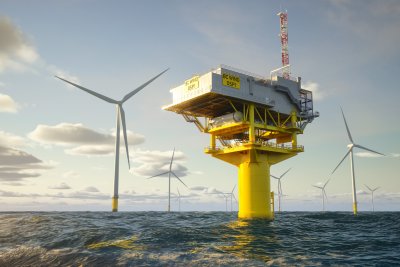Grafika trójwymiarowa: morze, turbiny wiatrowe w tle, na pierwszym planie morska stacja elektroenergetyczna na palu, żółta podstawa, maszt antenowy