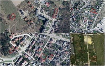 Sześć fragmentów map Gdyni z zaznaczonymi na czerwono nieruchomościami wystawionymi w przetargu