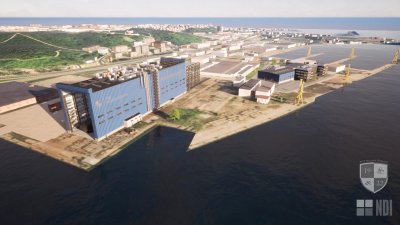 Trójwymiarowa wizualizacja. Teren nabrzeża w Gdyni Oksywie, widoczna wizualizacja nowej, niebieskiej hali Stoczni Wojennej