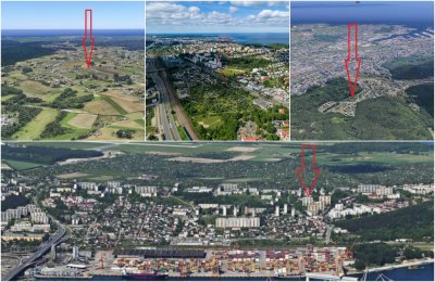Kolaż z czterech zrzutów ekranu z trójwymiarowych map Gdyni. Widoczne fragmenty różnych dzielnic miasta, czerwone strzałki wskazują działki na sprzedaż