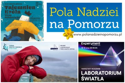 collage grafik: od góry: król z papieru, napis Pola Nadziei z żonkilem, kobieta w czerwonej kurtce i pryzmat