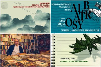 Kolaż zdjęć, od lewego górnego zgodnie z zegarem: wystawa haiku w Bibliotece Gdynia; Masterclass w Gdyńskim Centrum Filmowym; Fantastyczne Pasjopisanie - wykłady Biblioteki Gdynia; opowieść Jacka Frierdricha o kartkach świątecznych. Źródło: materiały organizatorów