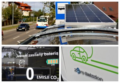 Kolaż zdjęć: przystanek autobusowy z panelem słonecznym, zeroemisyjny autobus Gepard, zeroemisyjny samochód. Fot. gdynia.pl