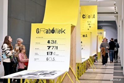 Uczestnicy wernisażu wystawy „Gen 100 – gdyński kod wspólnoty” oglądający ekspozycję w Muzeum Emigracji (fot. Magdalena Czernek)