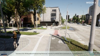 wizualizacja drogi rowerowej na ul. Wielkopolskiej przedstawiająca drogę rowerową, chodnik, budynki