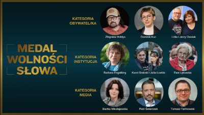 Plansza promująca Medal Wolności Słowa. Ciemnozielone tło, napisy z nazwą nagrody, zdjęcia dziewięciu osób nominowanych w okręgach.