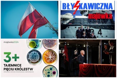 Jest patriotycznie, rodzinnie i kulturalnie//collage z mat.pras., fot. z flagami KAmil Złoch, fot. z pikniku wojskowego Michał Puszczewicz