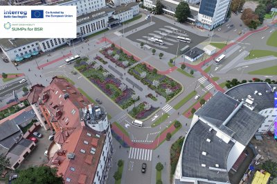 Trójwymiarowa wizualizacja, widoczny dworzec Gdynia Główna, plac Konstytucji, zieleń na placu, pojazdy i budynki