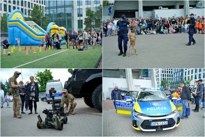 Kolaż zdjęć z festynu „Jestem kibicem”. U góry po lewej: tor przeszkód, a w tle dmuchaniec i grupa ludzi. U góry po prawej: pokaz tresury psa policyjnego. Na dole po lewej: pokaz robota saperskiego. Na dole po prawej: grupa osób przy radiowozie policyjnym (fot. Magdalena Czernek)