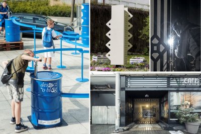 Z lewej zdjęcie instalacji artystycznej, niebieski beczki, dzieci, u góry biały hotel dla owadów, trawa, spawacz przy metalowej bramie, na dole szyld kamienicy z napisem Desdemona