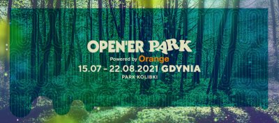 Grafika promująca Open'er Park. Pod nazwą data festiwalu, w tle zieleń.
