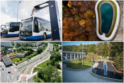 kolaż z 4 zdjęć: na pierwszym autobus pod ładowarką, na drugim zbiornik retencyjny na Witominie, na trzecim trasa Kwiatkowskiego z góry, na czwartym przystań Śmidowicza