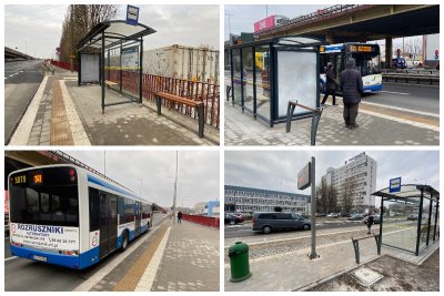 Kolaż zdjęć przedstawia: wiatę przystankową, tablicę informacji pasażerskiej, przysiadaki, kosz na odpady, autobus podjeżdżający do krawędzi peronu przystankowego oraz pasażerowie // fot. ZDiZ
