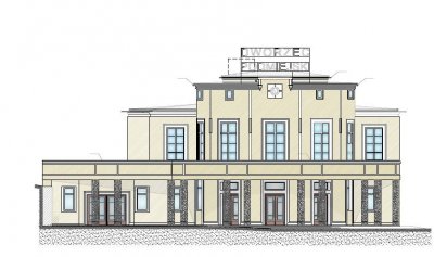 Rysunek techniczny prezentujący projekt modernizacji bryły budynku Dworca Podmiejskiego SKM w Gdyni Głównej