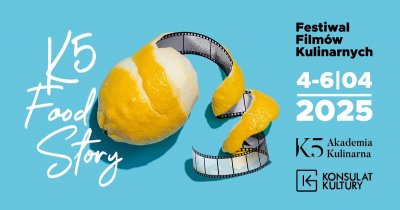 Plakat z częściowo obraną cytryną Festiwalu Filmów Kulinarnych „K5 Food Story”, który odbędzie się w dniach 4-6 kwietnia 2025 roku