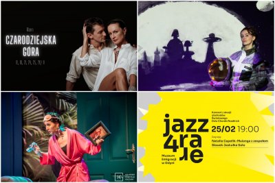 collage z grafik: od góry: 1. mężczyzna obejmuje kobietę, 2. stojąca kosmonautka, 3. żółte tło i ciemny napis jazz for rare, 4. gosposia z telefonem