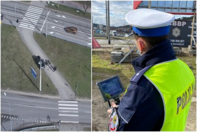 Po lewej zdjęcie wykonane dronem, widoczny fragment ulicy i chodnika, mężczyzna na chodniku i policjanci przy nim. Po prawej plecy policjanta w mundurze, który trzyma aparaturę do sterowania dronem