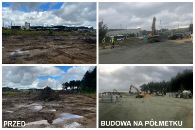 Teren budowy bazy południowej przy ulicy Starochwaszczyńskiej. Zdjęcia pokazują status prac m.in. wyrównanie terenu przez koparki// fot. ZDiZ