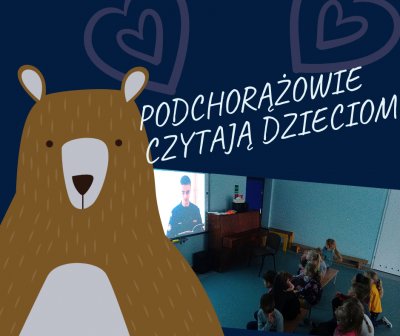 Widoczna sala z dziećmi patrzącymi w ekran. Obok zdjęcia rysunek niedźwiedzia z hasłem 