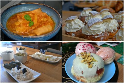 Kolaż zdjęć. U góry po prawej: szwedzkie bułeczki z kremem - semle. U góry po lewej: naleśniki crêpes suzette. Na dole po lewej: greckie oliwki, sos tzatziki i ser feta. Na dole po prawej: polskie pączki (fot. Magdalena Czernek)