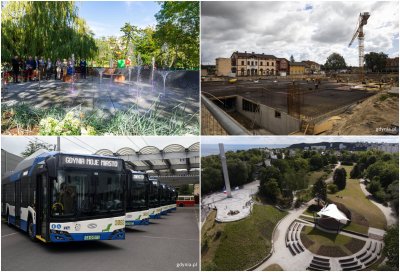 Kolaż czterech zdjęć: otwarcie Parku Centralnego, budowa Węzła Chylonia, nowe supertrolejbusy, park na Kamiennej Górze po rewitalizacji