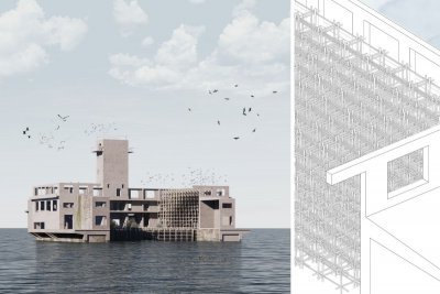 Projekt torpedowni jako siedliska ptaków. Po prawej stronie widoczny jest szkic projektowy, a po lewej bryła torpedowni z licznymi ptakami dookoła. fot. mat. autorki