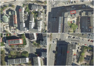 Kolaż złożony z czterech fragmentów map Gdyni z zaznaczonymi na czerwono lokalami przeznaczonymi pod wynajem