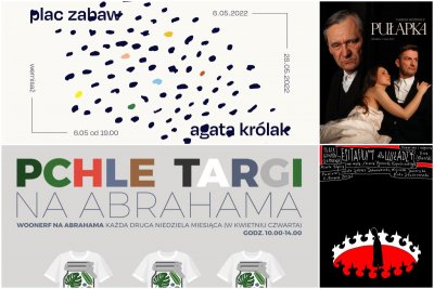 infografika, od góry, tło w ciapki wystawy plac zabaw, troje ludzi na ciemnym tle, plakat ze słoikami z napisem pchle targi oraz biało-czerwona korona z postacią