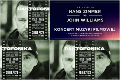 na grafice trzy zdjęcia mężczyzn oraz fioletowy baner z napisem The music of Hans Zimmer & John Williams & Ennio Morricone