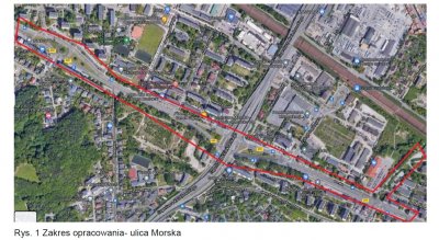 Zakres opracowania: ulica Morska (mat. Poldukt Projekt w ramach opracowania „Koncepcji przebudowy ul. Morskiej od Węzła Żołnierzy Wyklętych do skrzyżowania z ul. Kalksztajnów w Gdyni