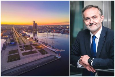 Kolaż dwóch zdjęć. Po lewej stronie panorama Gdyni o zachodzie słońca. Widoczne Molo Południowe z żaglowcem Dar Młodzieży na pierwszym planie. Prawe zdjęcie przedstawia prezydenta Gdyni Wojciecha Szczurka w szarym garniturze, białej koszuli i granatowym krawacie. Prezydent opiera się o metalową barierkę i uśmiecha.