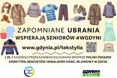 namalowane jakby kredką ubrania i w środku napis Zapomniane ubrania wspierają seniorów