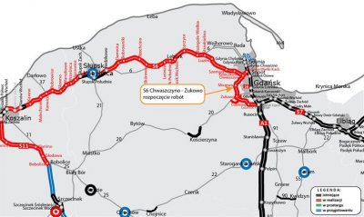 Uproszczona mapa Pomorza, narysowane linie z przebiegami dróg ekspresowych, w tym nowej S6