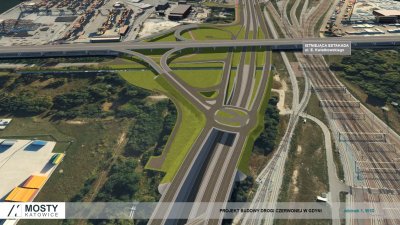 Trójwymiarowa wizualizacja Drogi Czerwonej, widoczny węzeł, fragment Estakady Kwiatkowskiego