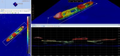 Obrazy batymetryczne wraków dwóch jednostek spoczywających w rejonie domniemanego wraku parowca s/s KARLSRUHE, które zostały uzyskane na podstawie pomiarów hydrograficznych Urzędu Morskiego w Gdyni. Źródło: Urząd Morski w Gdyni