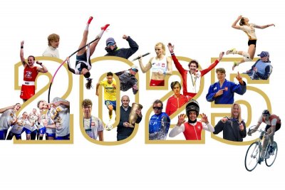 Kolaż, złota liczba 2025, w obrys wpisane zdjęcia nagrodzonych sportowców z Gdyni