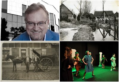 Kolaż zdjęć, od lewego górnego zgodnie z zegarem: Tajemnice Teatru Baduszkowej ze Sławomirem Kitowskim (fot. Biblioteka Gdynia); Prace przy przepuście rzeczki Chylonki pod ul. Chylońską (Źródło: Muzeum Miasta Gdyni); spektakl 