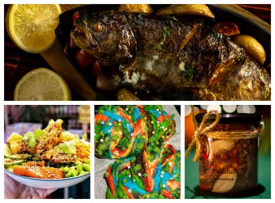 Świąteczne potrawy gdyńskich restauracji. Od lewego górnego zgodnie z zegarem: ryba od Bollywood Lounge, zupa rybna z ośmiornicą od Maliki, kolorowa chałka i kimczi z ananasa od Honolulu Wise Food. Źródło: archiwum restauracji