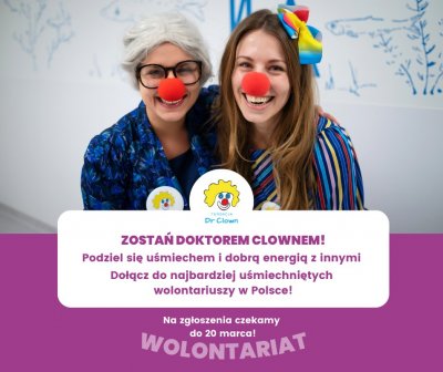 Grafika informująca o naborze wolontariuszy, którzy chcą dołączyć do fundacji „Dr Clown” // materiały fundacji „Dr Clown”