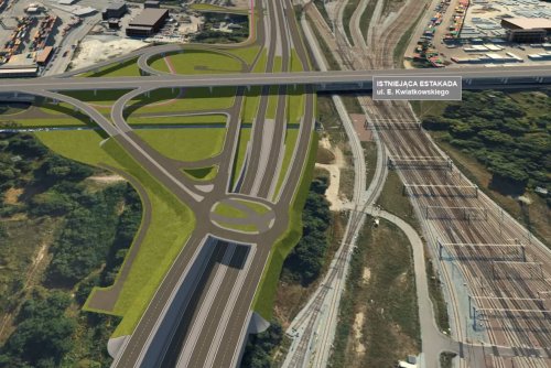 Trójwymiarowa wizualizacja Drogi Czerwonej, widoczny węzeł, fragment Estakady Kwiatkowskiego