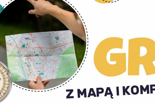 Plakat promujący grę terenową z kompasem i mapą.