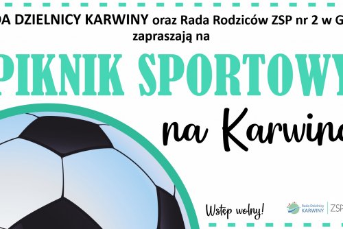 Plakat z piłką nożną promujący sportowy piknik na Karwinach.